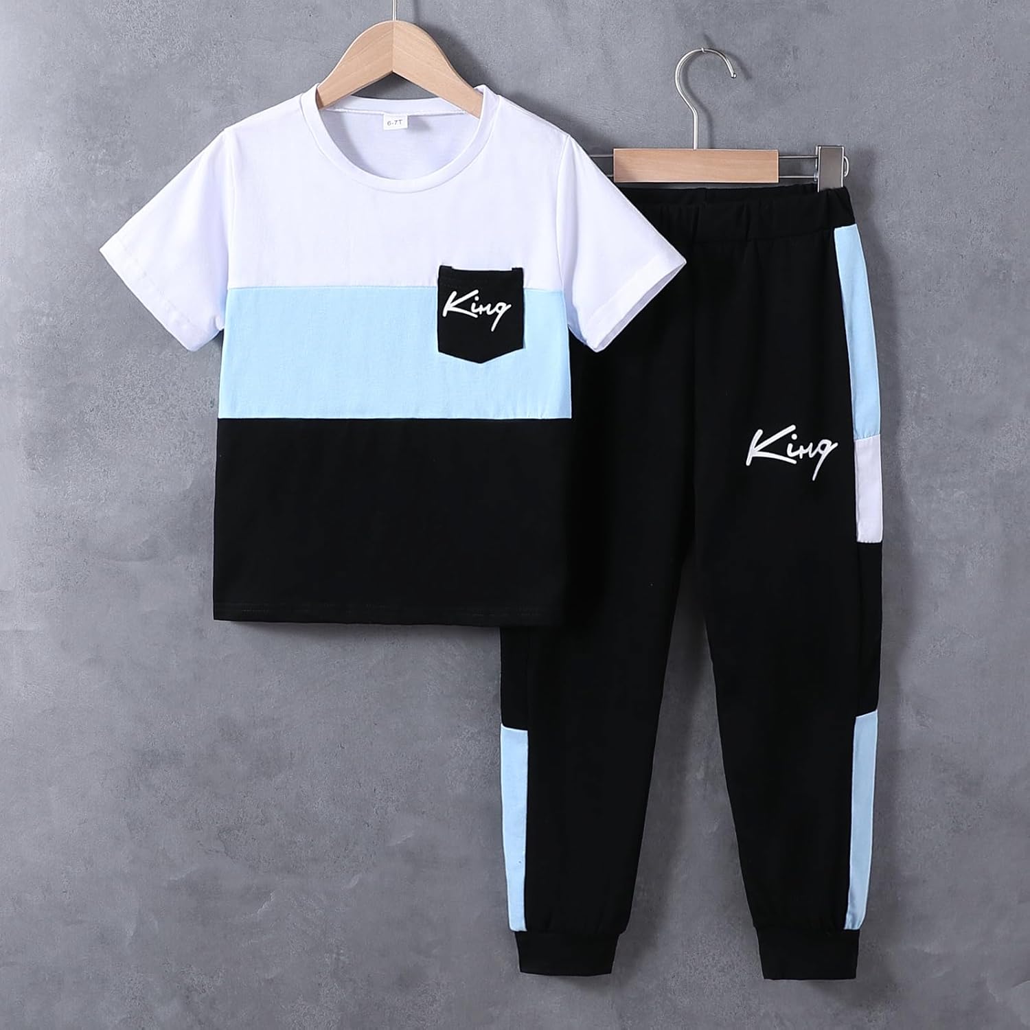  6-12 Years Boys Fashion Clothes Spring Summer Short Sleeve Top & Pants Color Block Clothing Sets